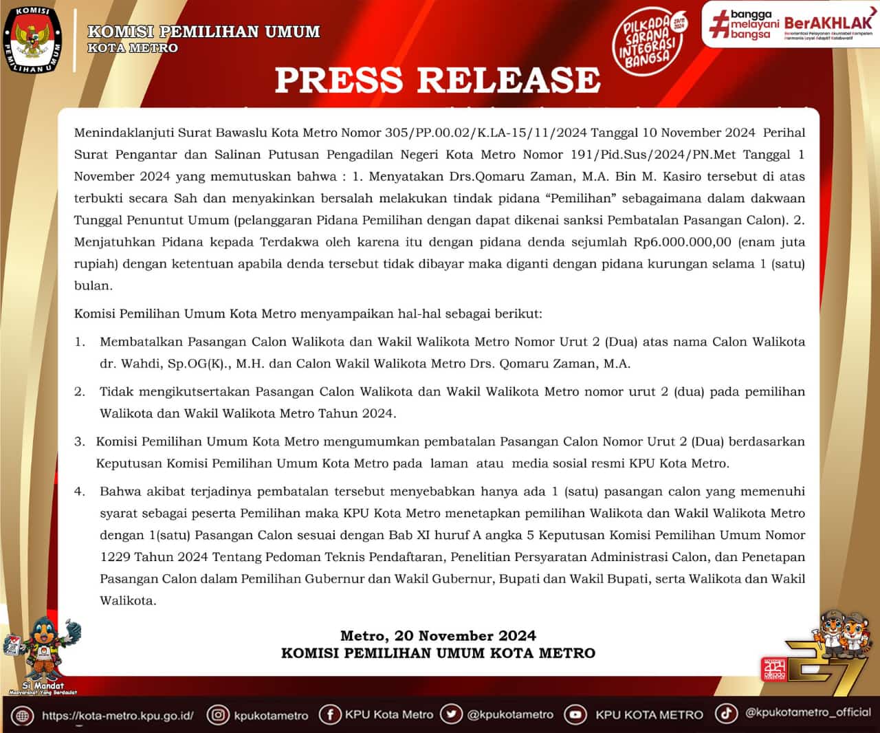 Tangkapan layar akun instagram resmi KPU Kota Metro