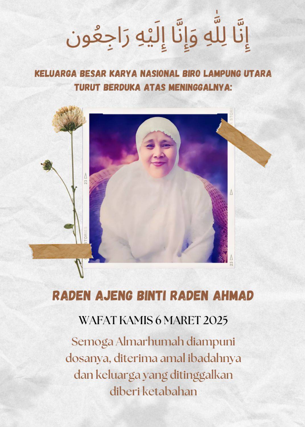 Keluarga Besar Media KARYANASIONAL Group Turut Berduka Atas Meninggalnya Raden Ajeng Binti Raden Ahmad