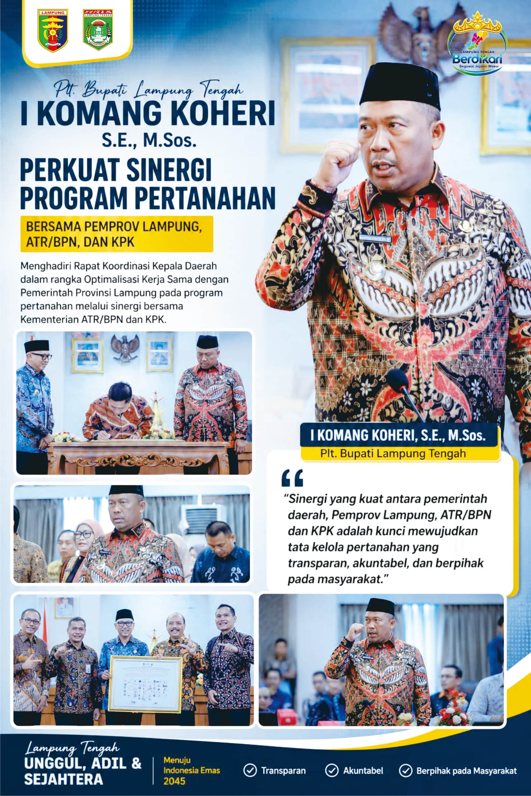 Plt. Bupati Lamteng Perkuat Sinergi Program Pertanahan Bersama Pemprov Lampung, ATR/BPN, dan KPK