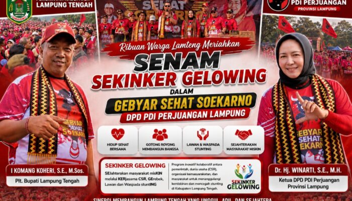 Ribuan Warga Lamteng Meriahkan Senam SEKINKER GELOWING dalam Gebyar Sehat Soekarno DPD PDI Perjuangan Lampung